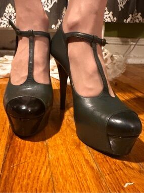 Sacha Too - T-Strap Platform Heels in Dark Green with Black Patent Cap Toe